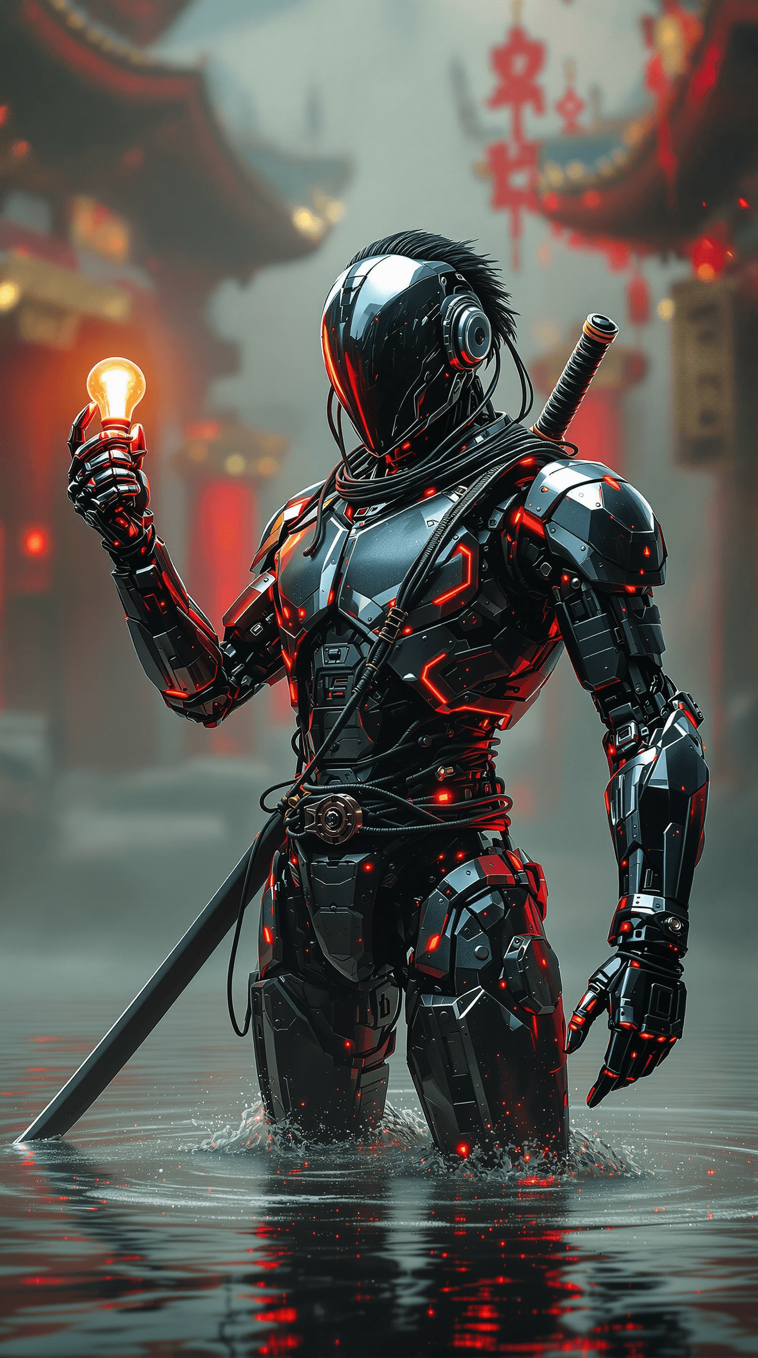 AI generated: Nicolas Cage is an American actor who is a robot, in the style of ck-sfc, a male cyberpunk samurai r...