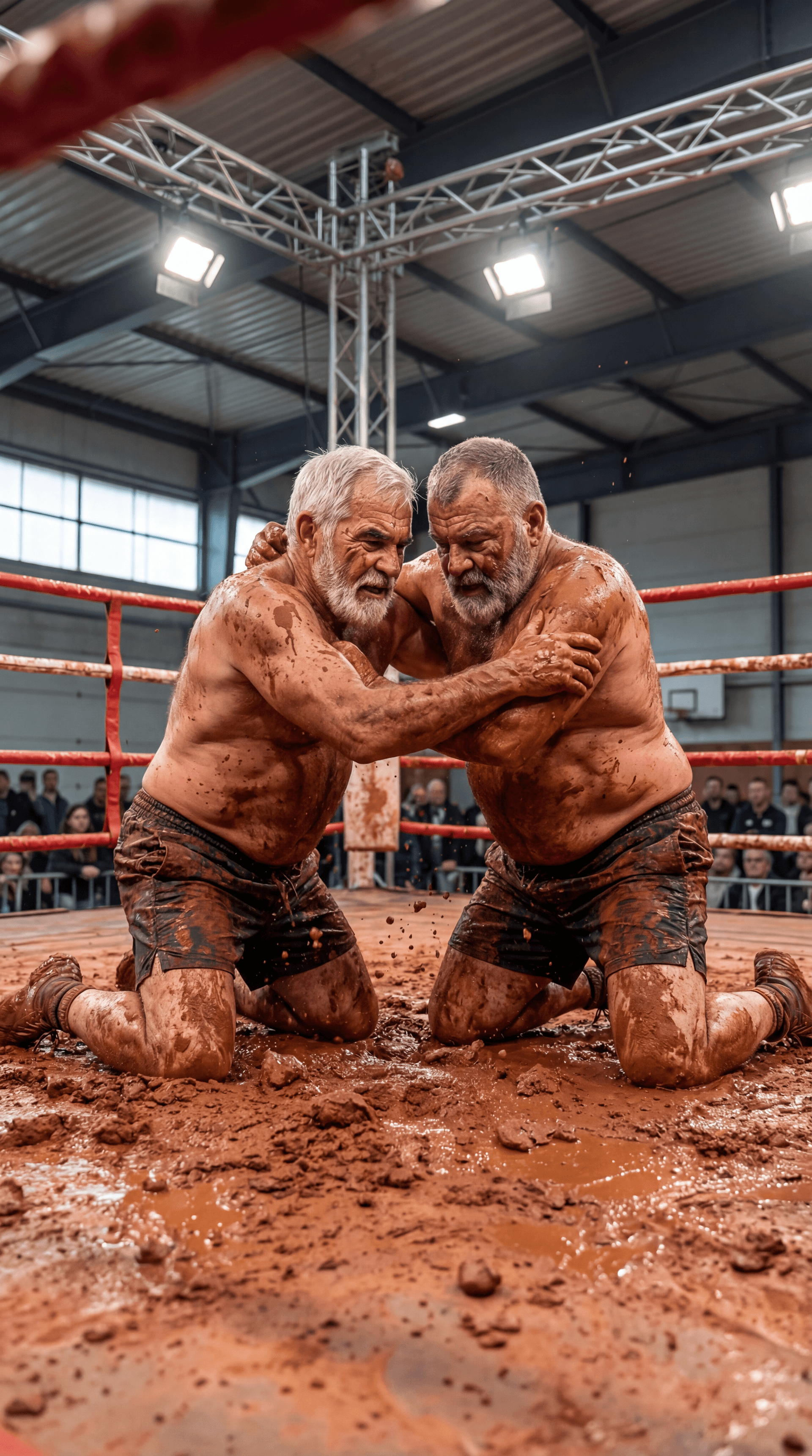 AI generated: REALISTIC SPORTS EVENT PHOTOGRAPH — INDOOR ARENA BOXING RING — RED CLAY MUD WRESTLING — VERTICAL 9:1...