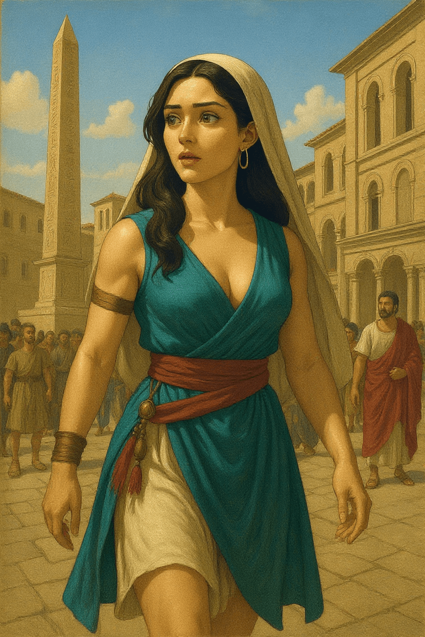 AI generated: Comic book realistic illustration, full body shot of a young gorgeous Byzantine greek woman with fit...