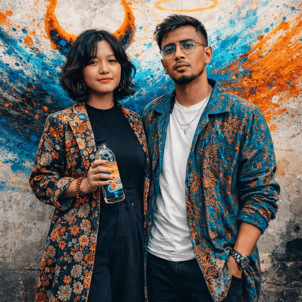 AI generated: A photo of a real man and woman standing side-by-side. Behind them is a wall with an abstract mix of...