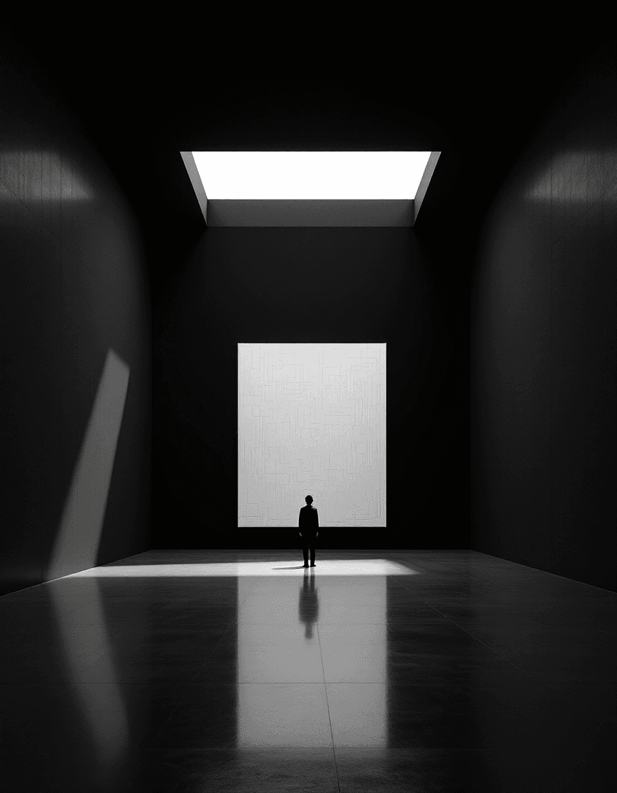 AI generated: Inside a vast, empty gallery with smooth black walls and polished floors, a single white canvas hang...