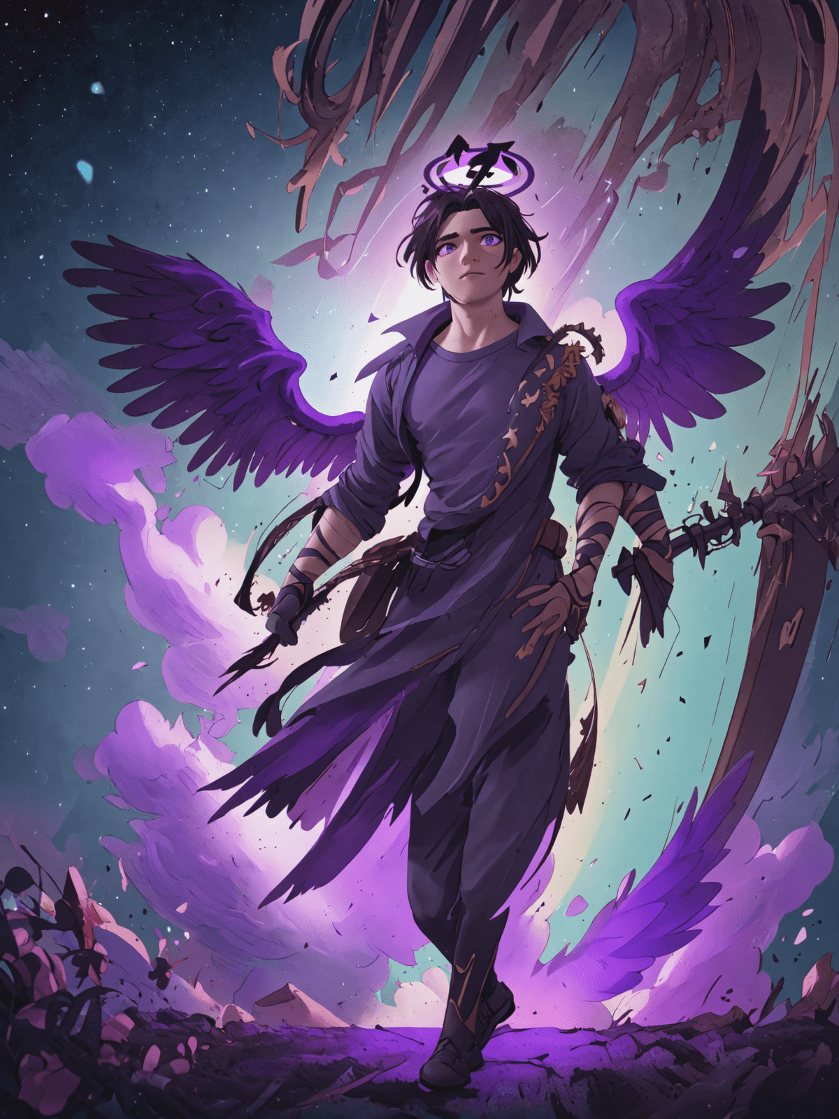 AI generated: <lora:raf01:1> guy, in the form of a god, with six wings behind his back, and a black halo over his ...