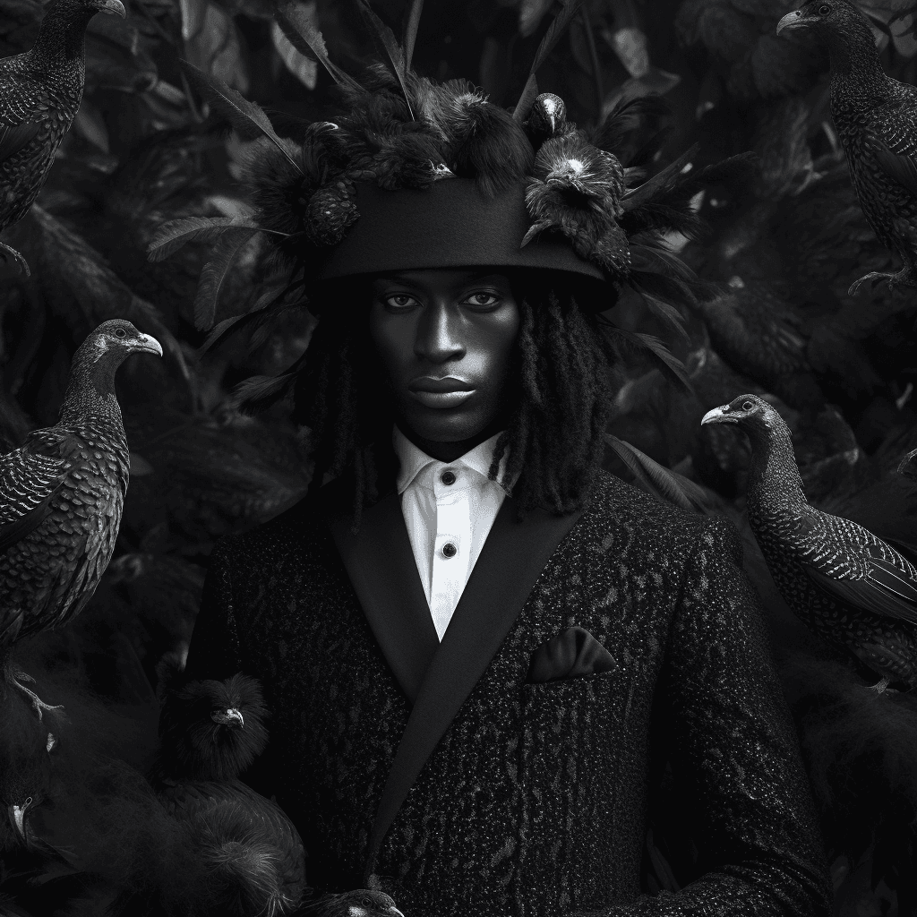 AI generated: Black man in a gothic paradise fashion editorial