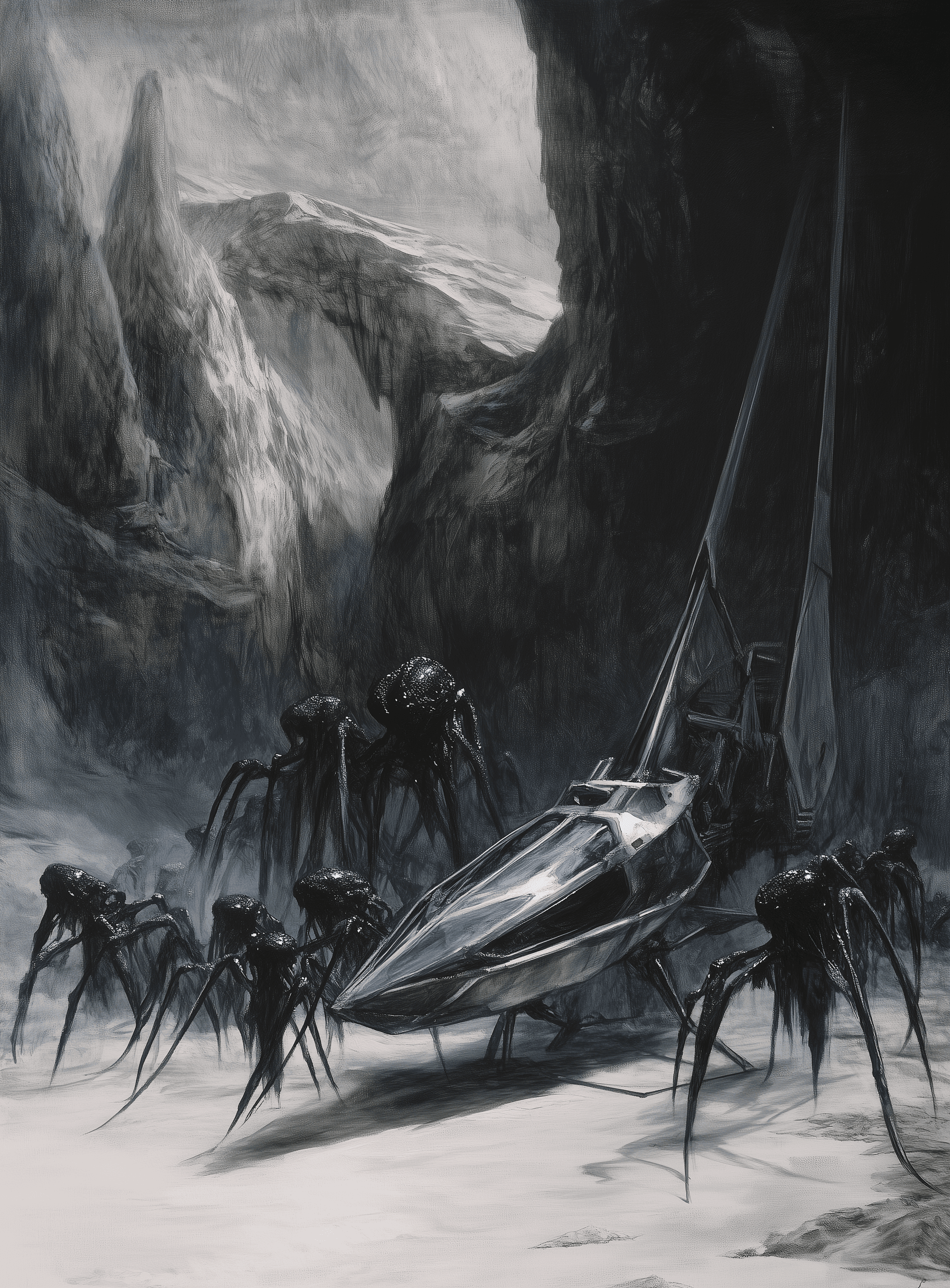 AI generated: A fantasy painting in the style of Ralph McQuarrie, depicting an alien landscape with giant black je...