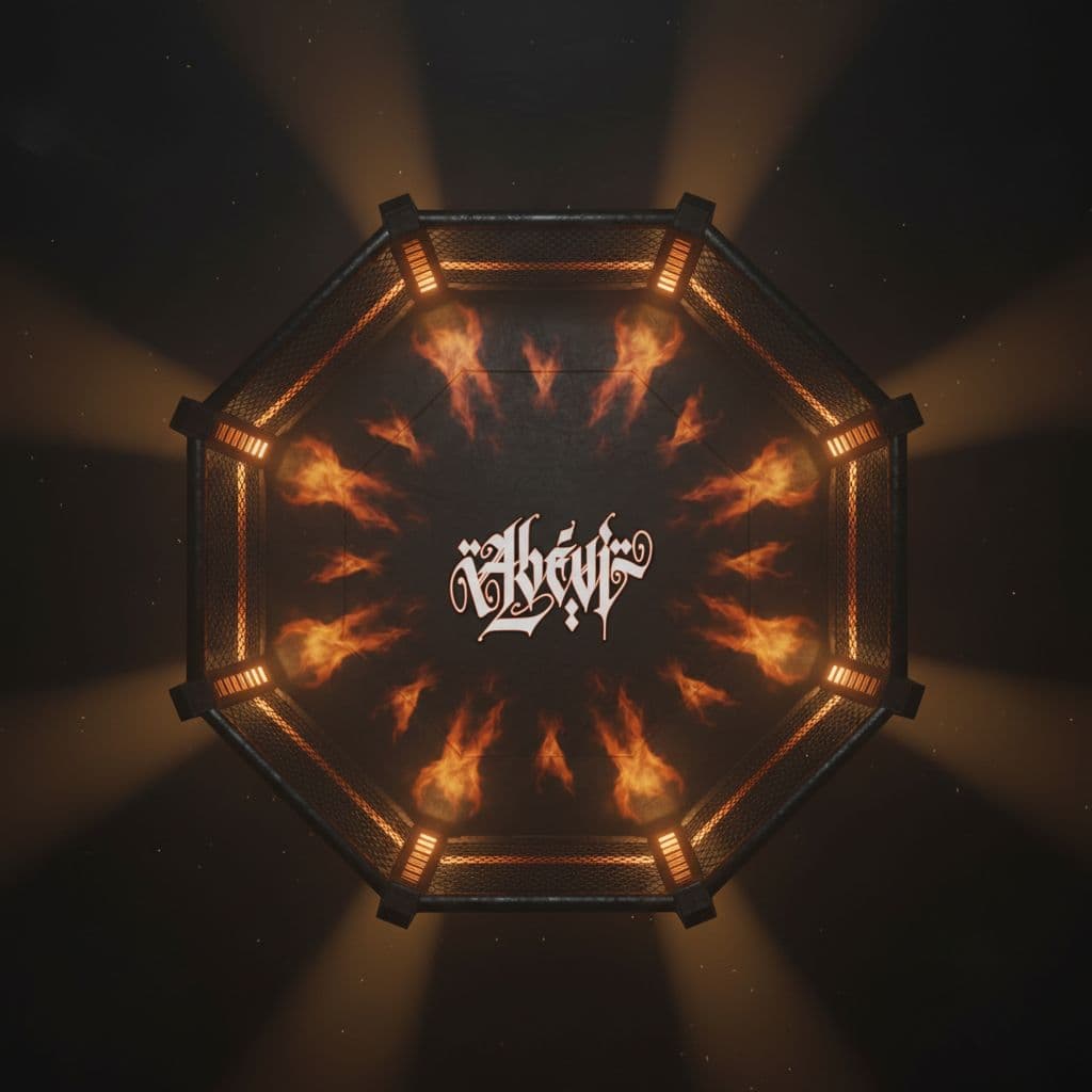 AI generated: PUT THIS LOGO IN THE MIDDLE ON A 3D HIGH QUALITY BLACK ORANGE MIXED MARTIAL ARTS OCTAGON RENDERING, ...