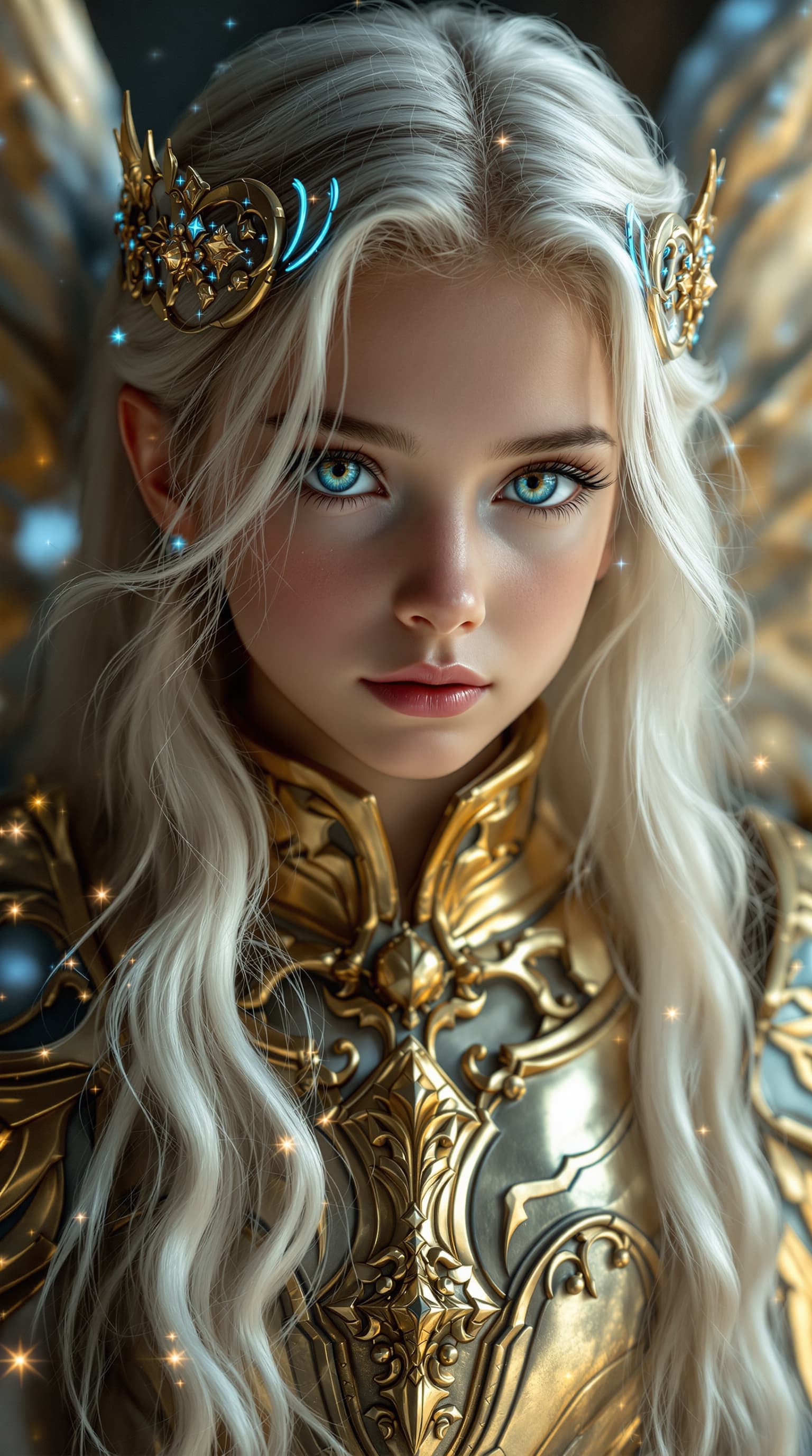 AI generated: A professional photograph capturing an extraordinarily beautiful twelve-year-old girl with platinum,...