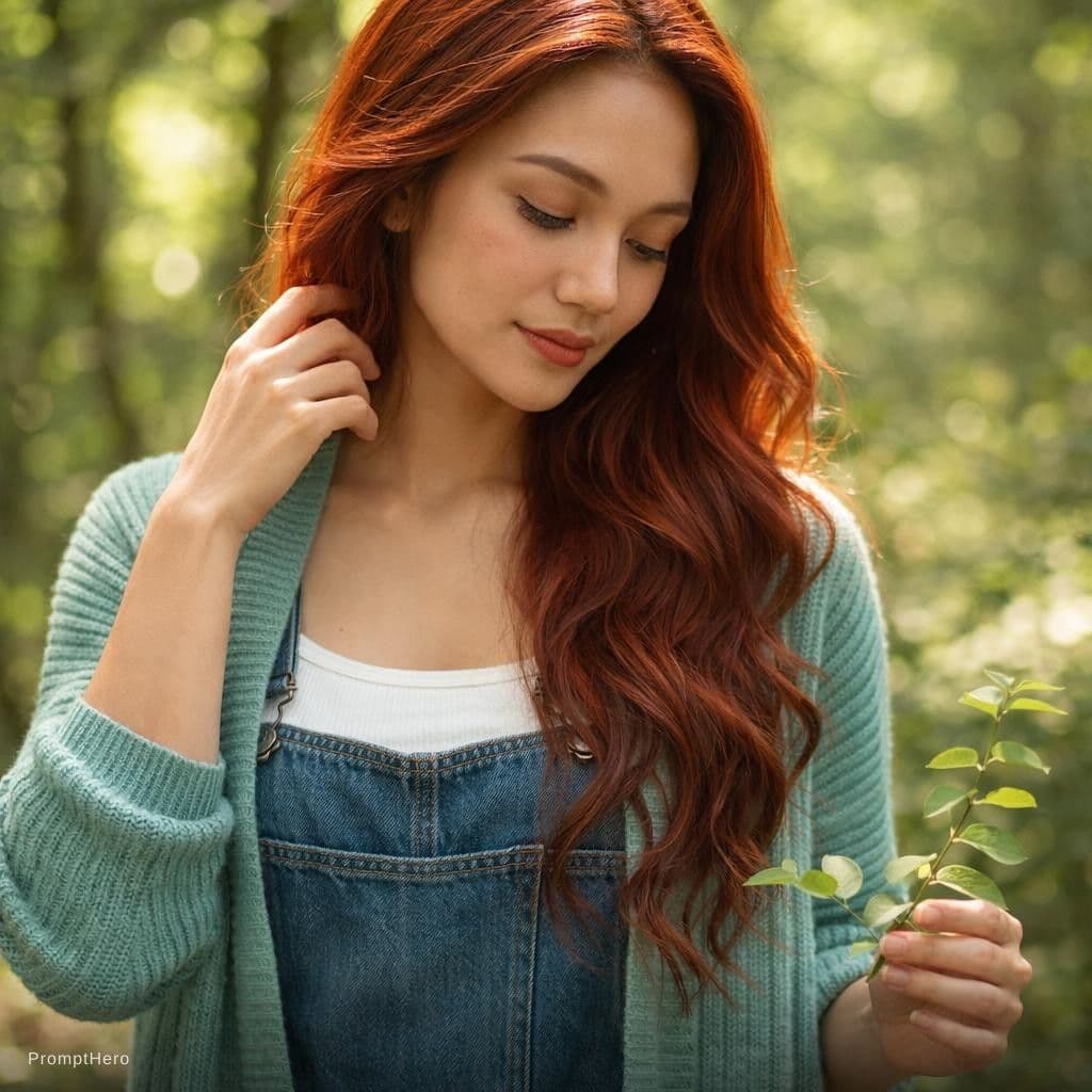 AI generated: A photorealistic portrait of a fit adult woman with long, flowing red hair, standing in a sun-dapple...