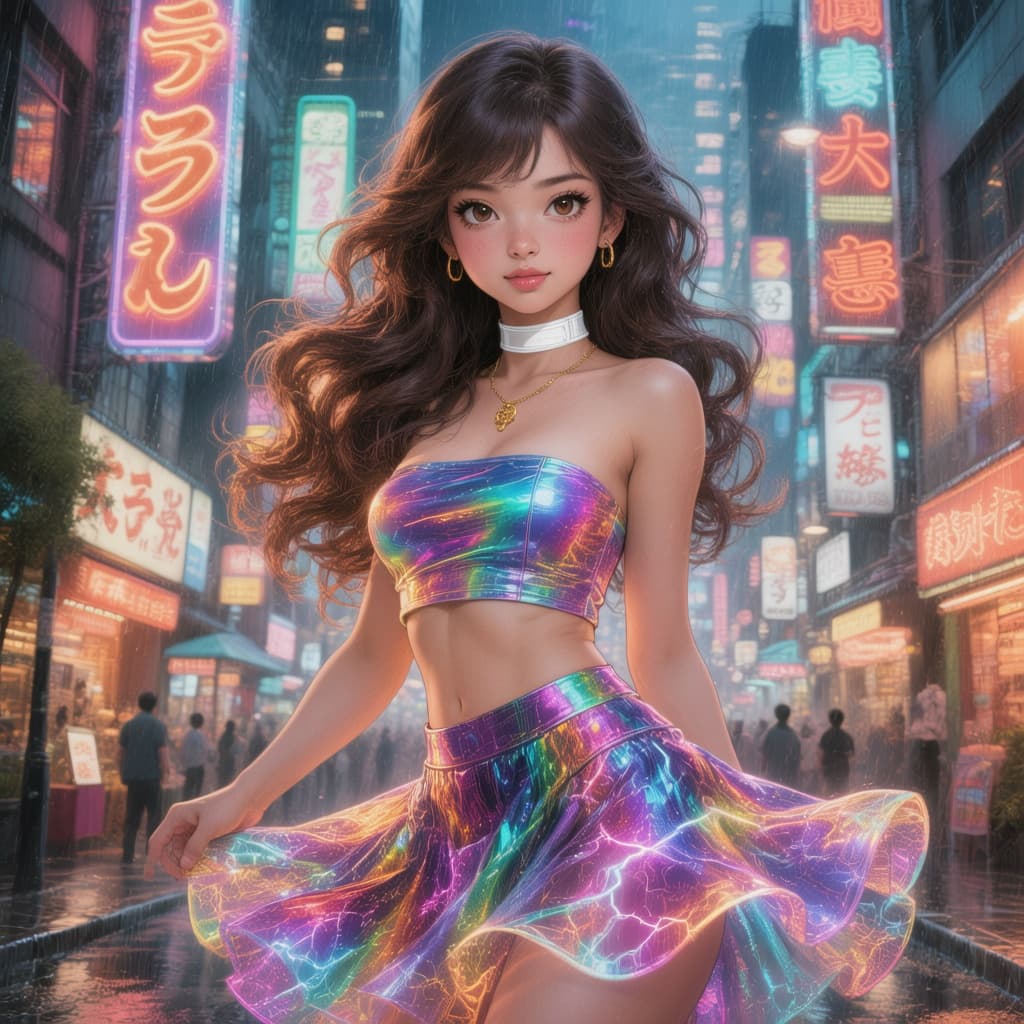 AI generated: <lora:-Omnious-:1.0>a highly detailed digital illustration depicting neon-lit cityscape at night, th...