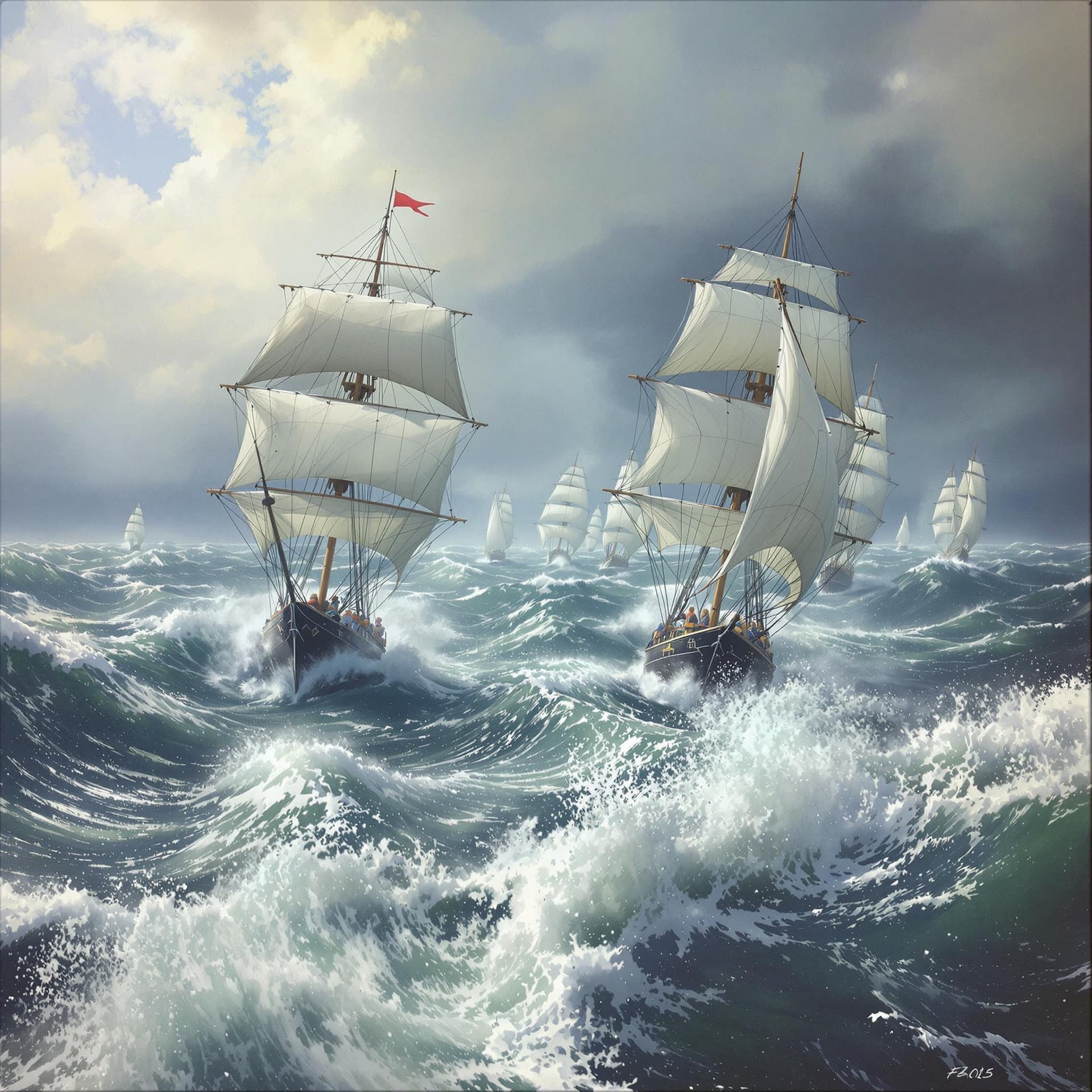 AI generated: Racing sailing ships approaching in incredibly high seas with the wind blowing big time. 