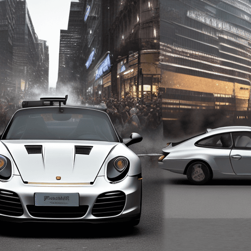 AI generated: Porshe 911 :: Harsh, directional light from behind :: Busy background with lots of activity :: Car p...