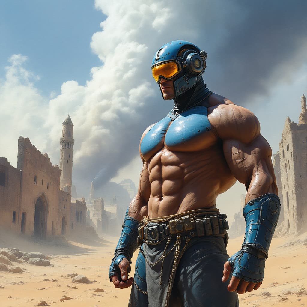 AI generated: A muscular man in blue body armor and futuristic goggles stands on the ground, abs, fit, waving his ...