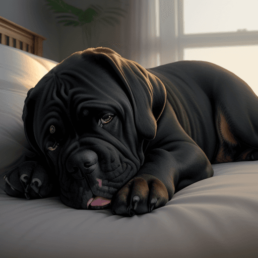 AI generated: Photo of an ultra realistic Cane Corso dog, sleeping, a bed, warm light, high detail, Full HD, 8K UH...