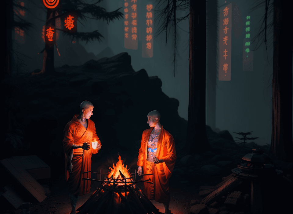 AI generated: Old Master Buddhist Monk shows a 26 year old cyberpunk Buddhist with tattooed black hair, around a c...