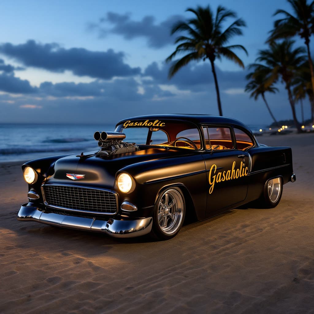 AI generated: 1955 Chevy deep metallic black with Gold "Gasaholic" painted centered on the doors. It is a 60's sty...