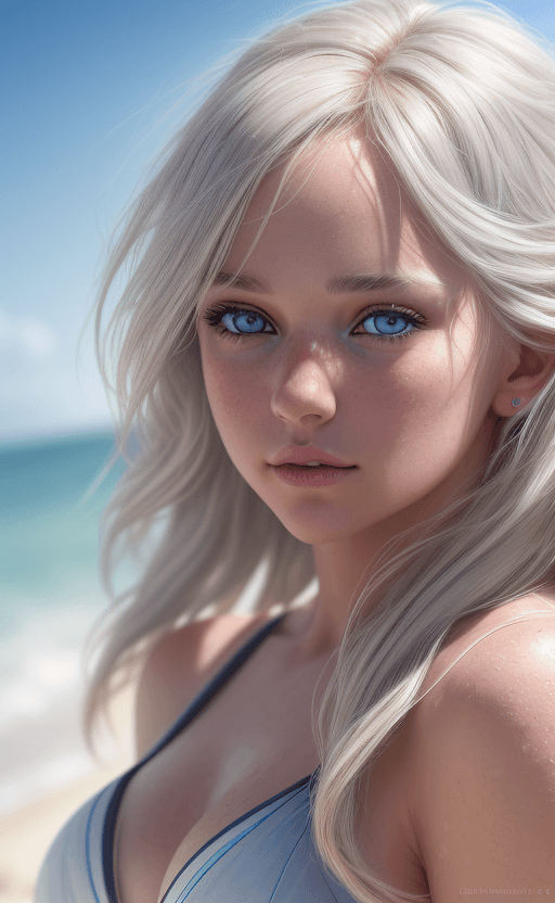 AI generated: An ultra detailed, close up photo of the most beautiful 
girl on the beach, light gray eyes, blonde ...