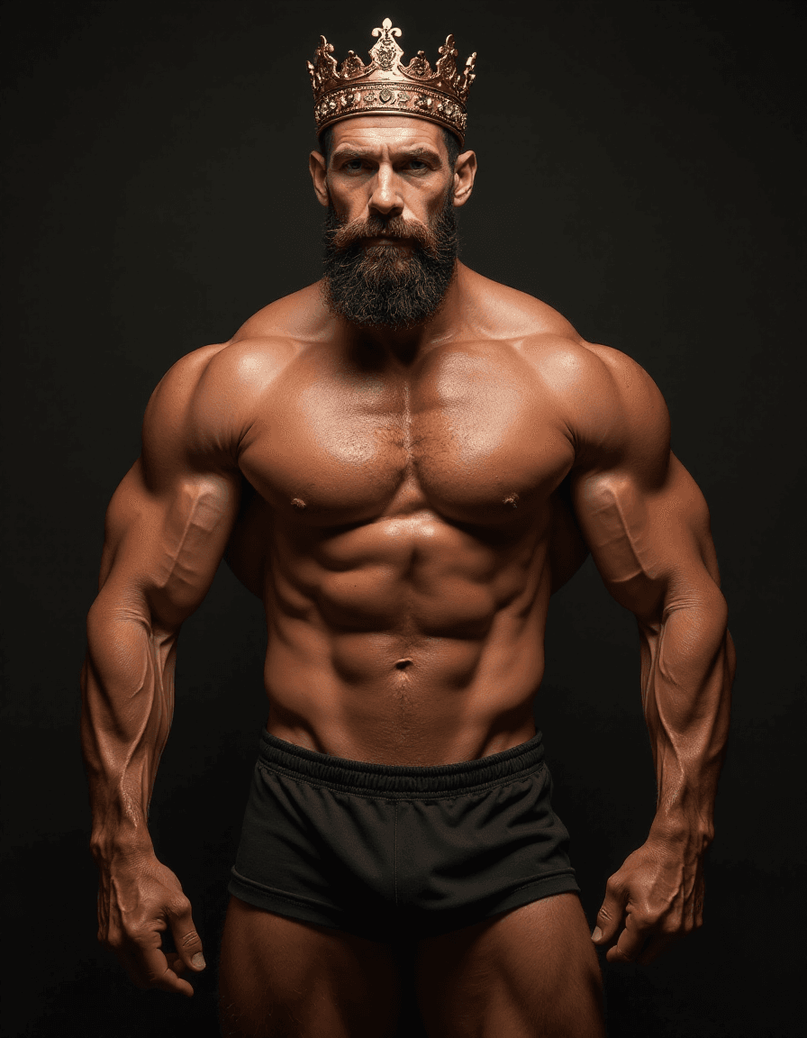 AI generated: bodybuilder with six pack as a king