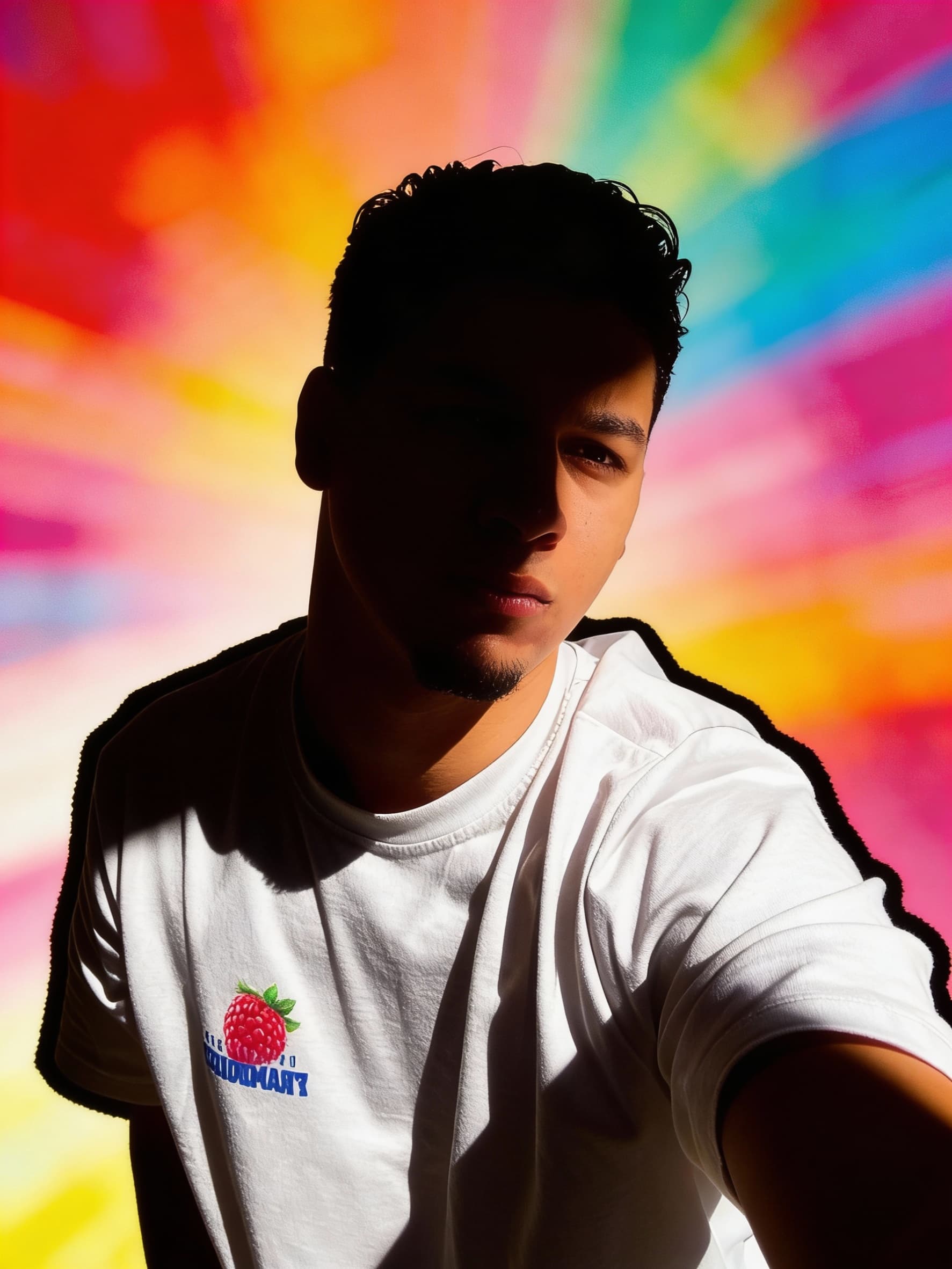 AI generated: photography, portrait. power of contrast, man model profile silhouette of a vibrant randomly color b...
