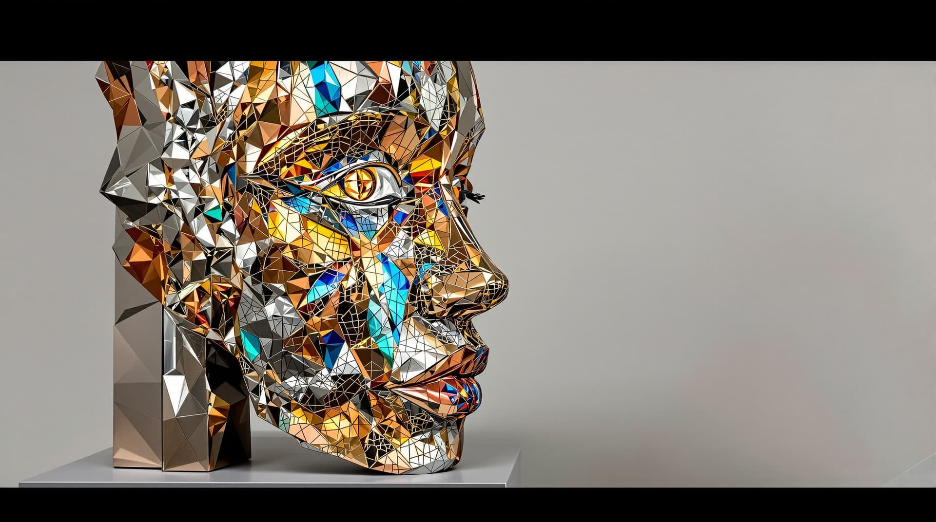 AI generated: An exquisitely crafted abstract face sculpture gleams with vibrant colors of copper, platinum, gold,...
