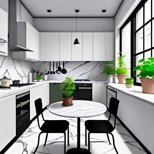 AI generated: a small kitchen with a black and white kitchen set, white marble floor, gray plaster walls, small ta...