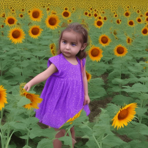 AI generated: una niña pequeña en medio de una campo de flores de girasoles
