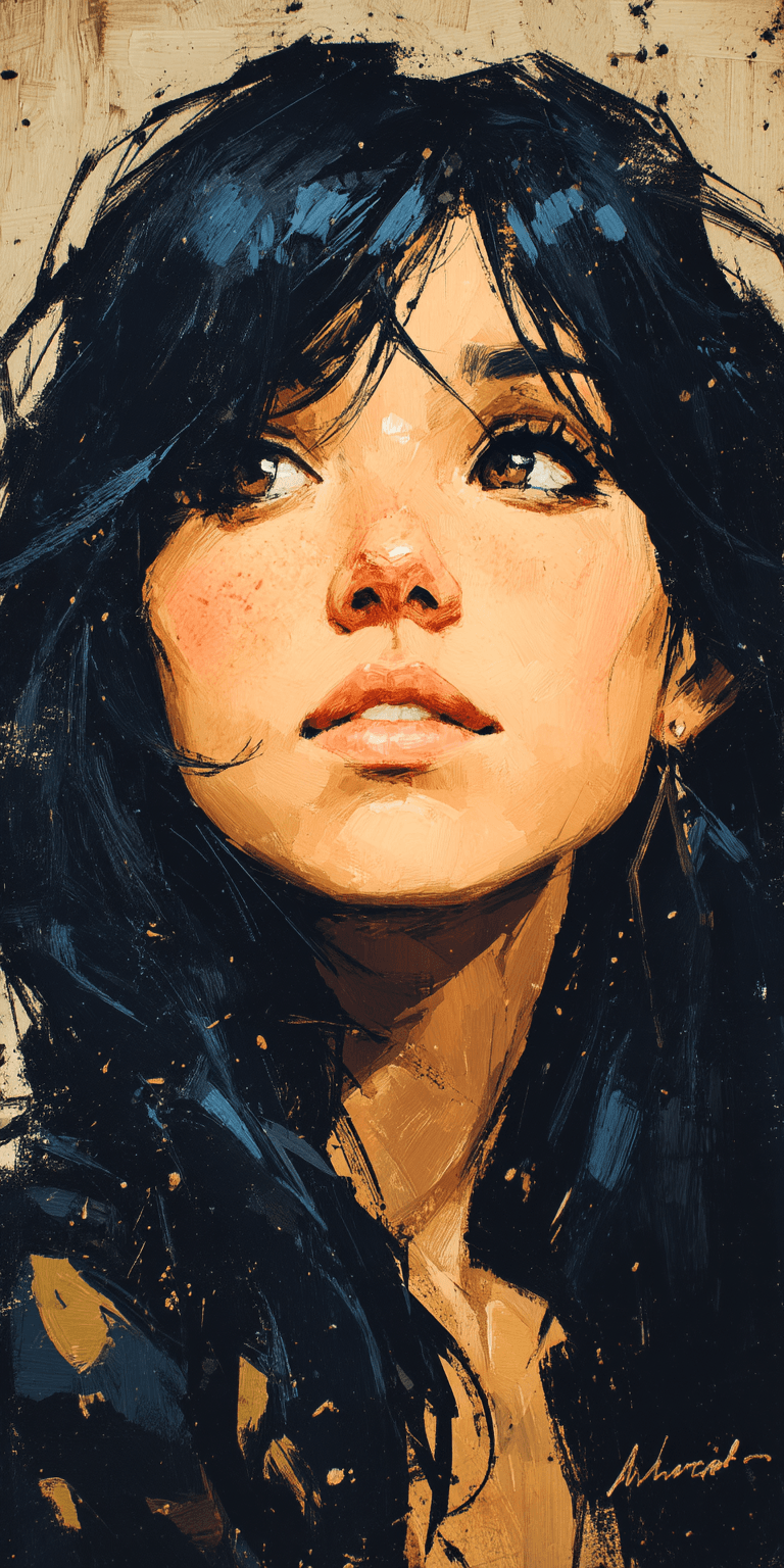 AI generated: a woman with long black hair in a gold painting, in the style of charlie bowater, dark blue and dark...