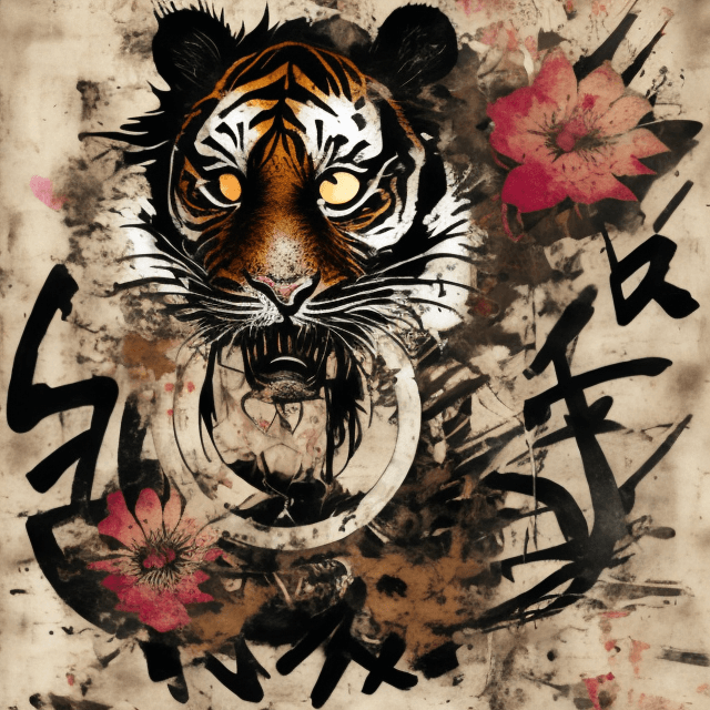 AI generated: a plain Japaneses Pirates tiger, black and sepia color tones, wabi-sabi art, abstract, collage punk,...