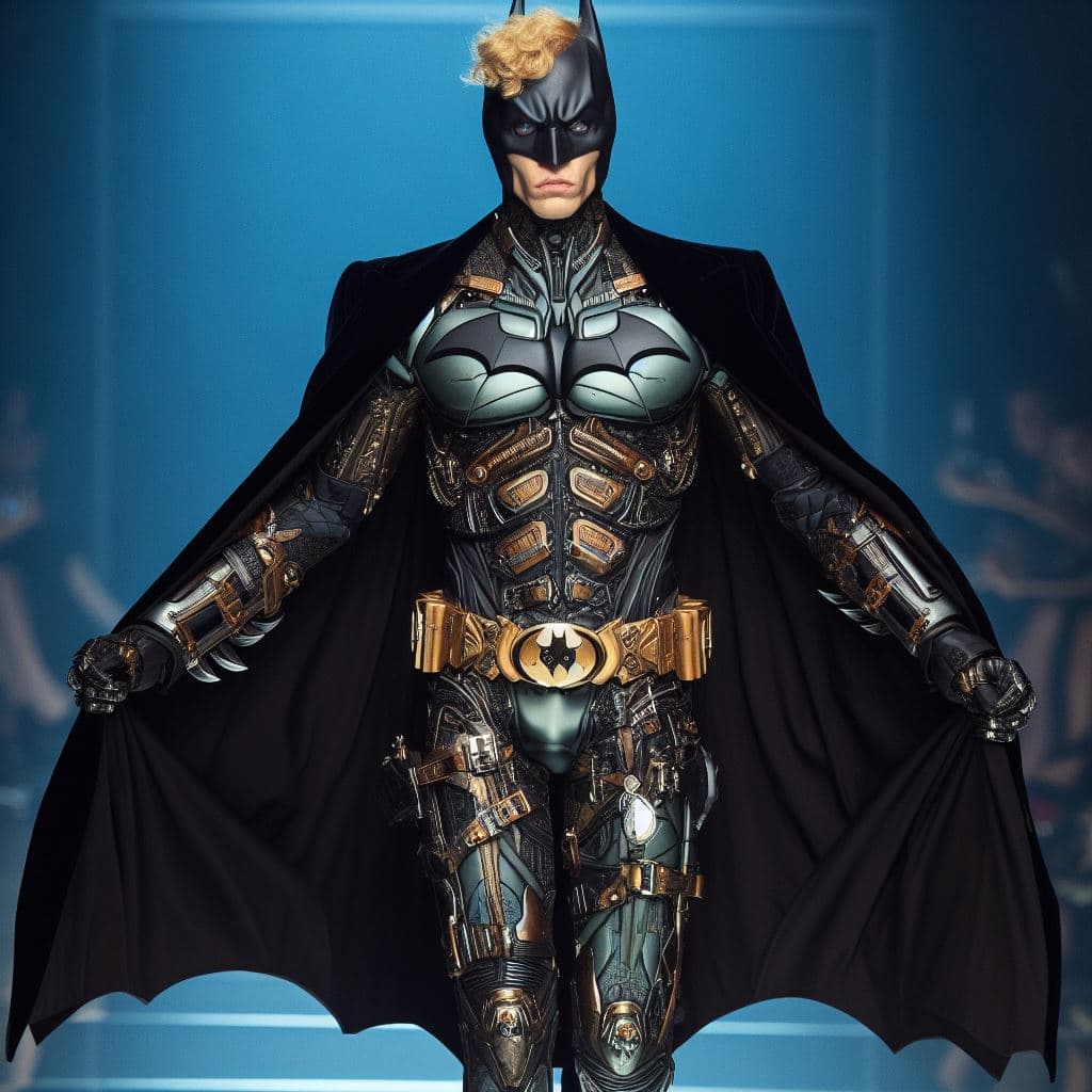 AI generated: Design a new suit for Batman in the style of Jean Paul Gaultier (The fifth Element). Present it on a...