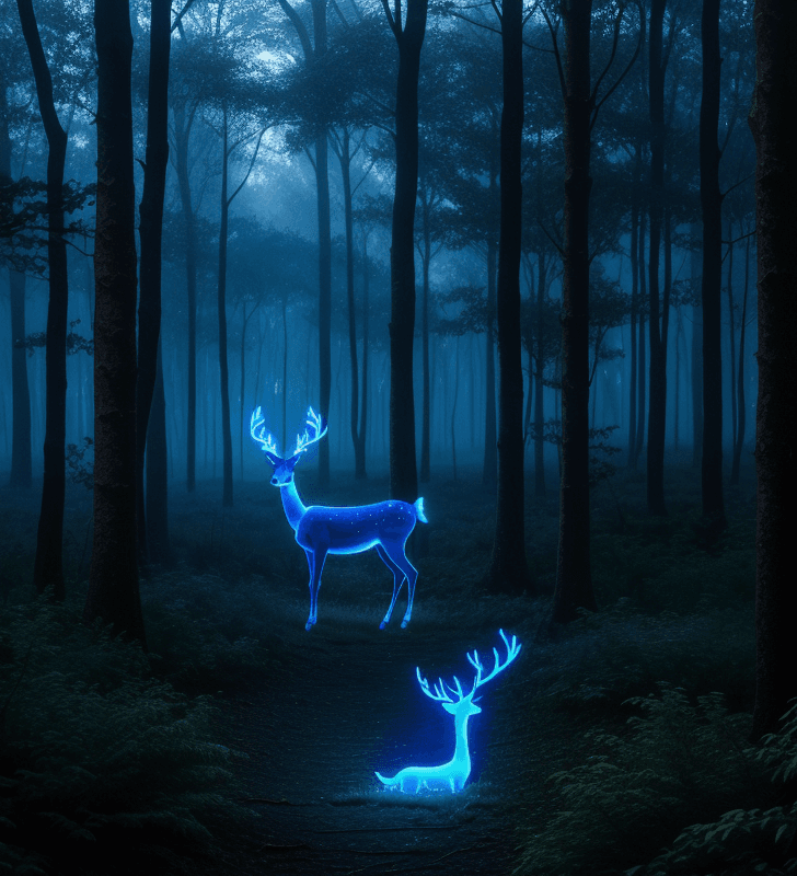 AI generated: magic blue deer in a fairy forest,darkness, glowing eyes, pov