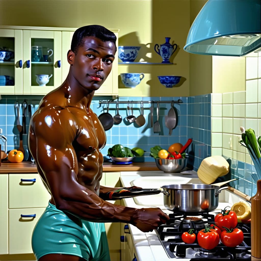 AI generated: 1955,  pin up gay man, Ethiopian , dark, ebony skin, in a kitchen,cooking,erotic ,huge penis,shiny, ...