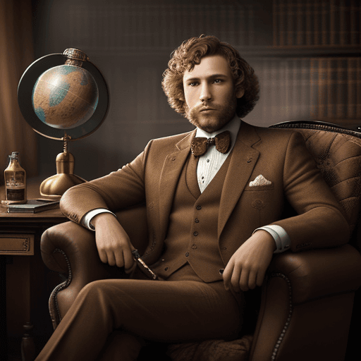 AI generated: A brown labradoodle, sat in a three-piece suit, in an armchair.  He is sitting in a library with a g...