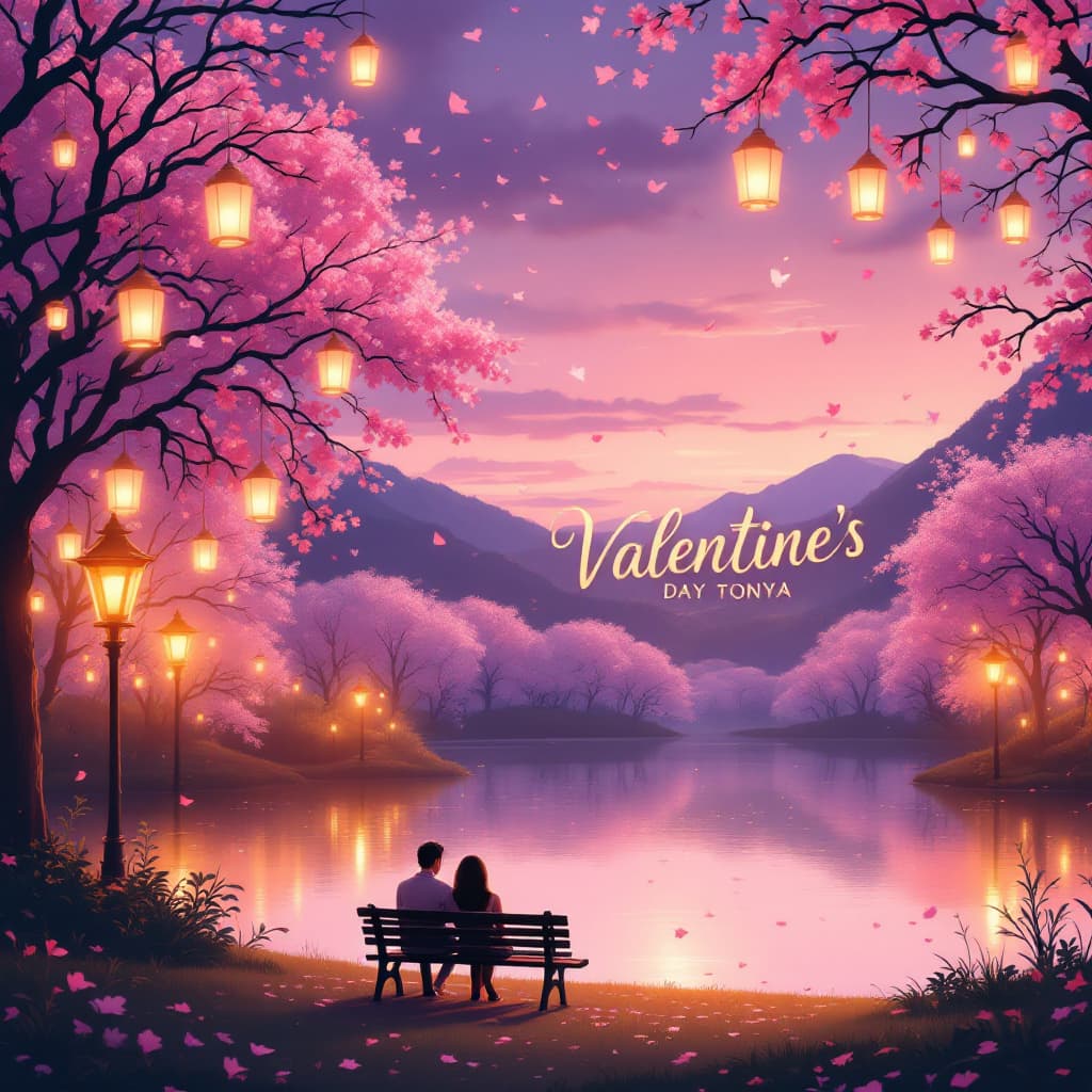 AI generated: Create a romantic Valentine's Day scene set in a beautiful park at sunset. In the foreground, there ...