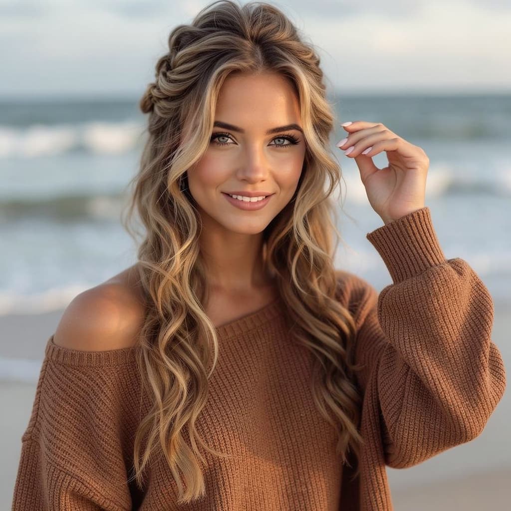 AI generated: A woman with wavy long blond hair, wearing an off-shoulder oversized brown knit sweater. She gazes s...