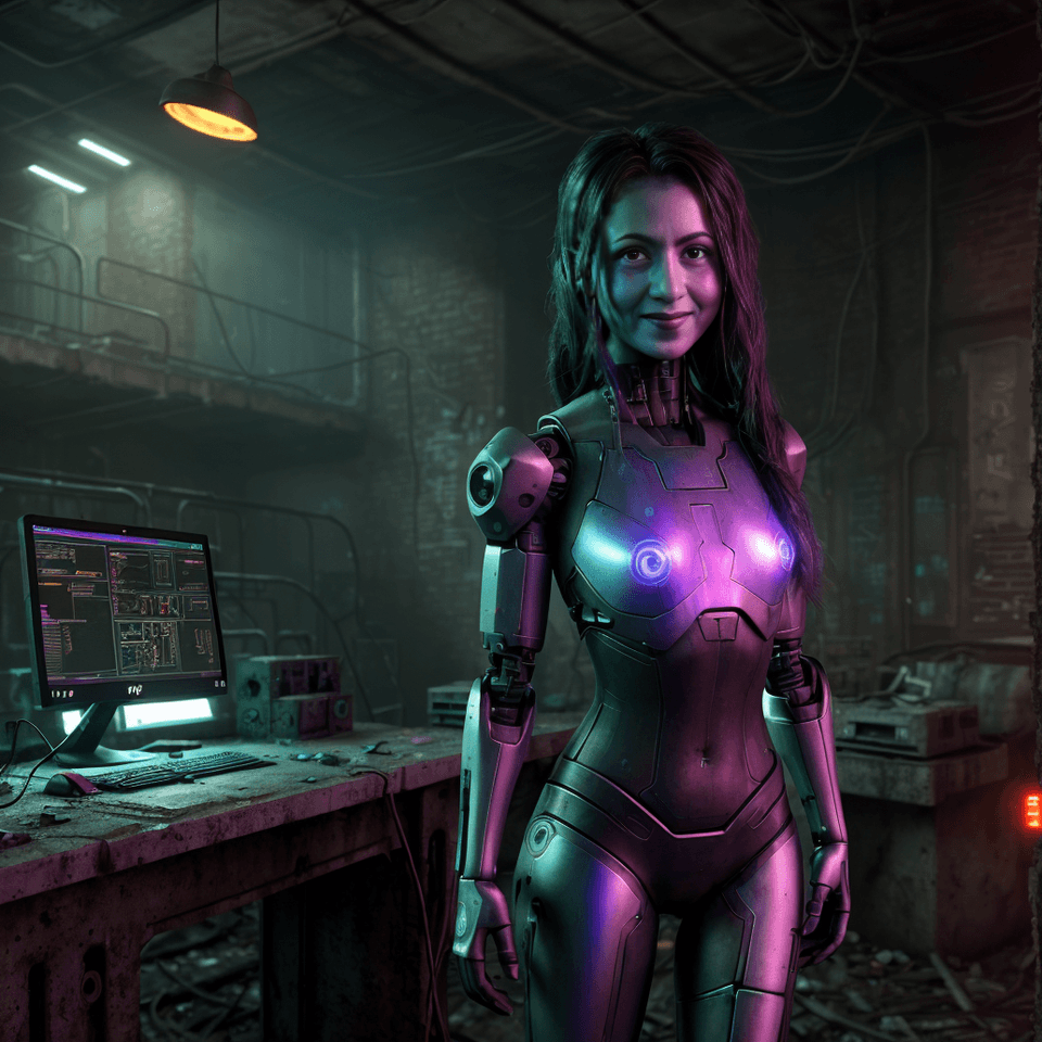 AI generated: decaying brick building covered in holographic graffiti, scanning for signs of the authorities searc...