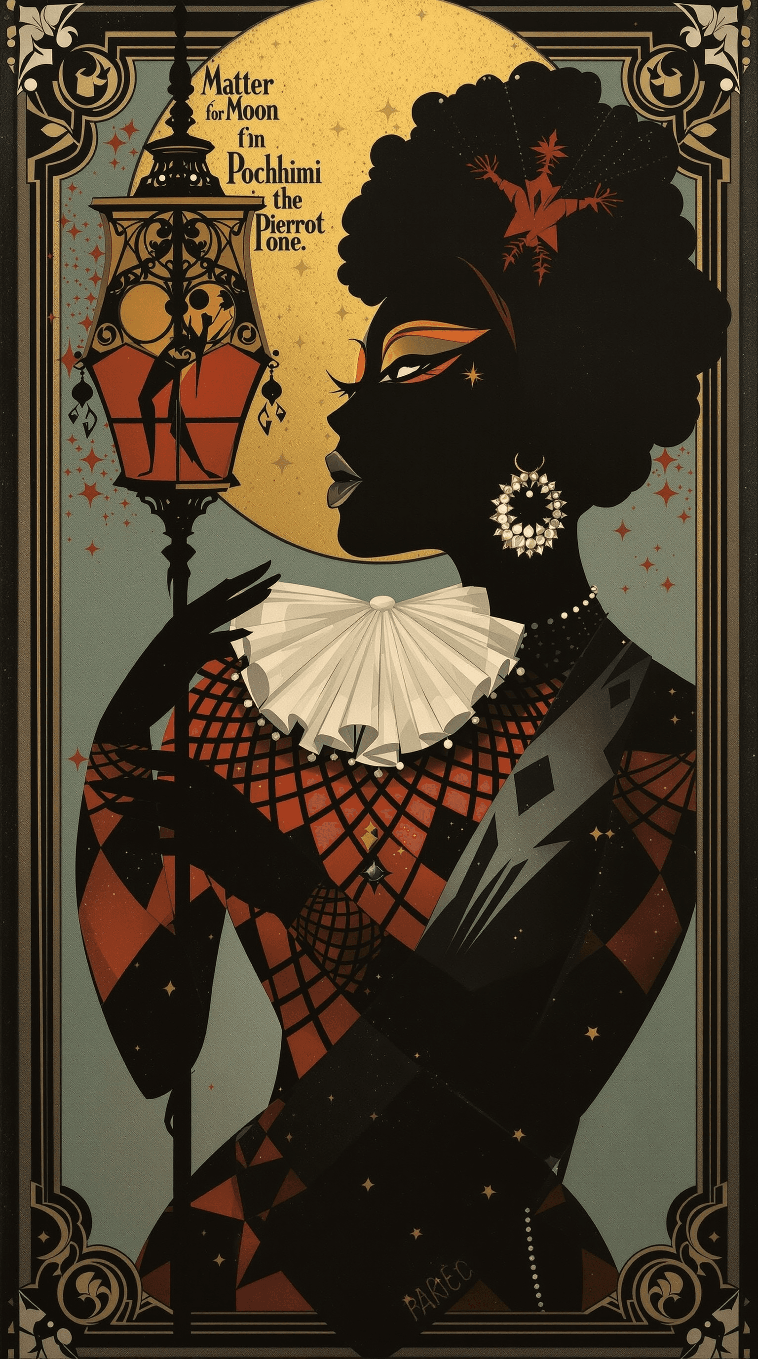 AI generated: black-woman-dark-skin-meschini-pochoir-pierrot-pierrette-woman-art-deco-original-1920s-postcard--sur...