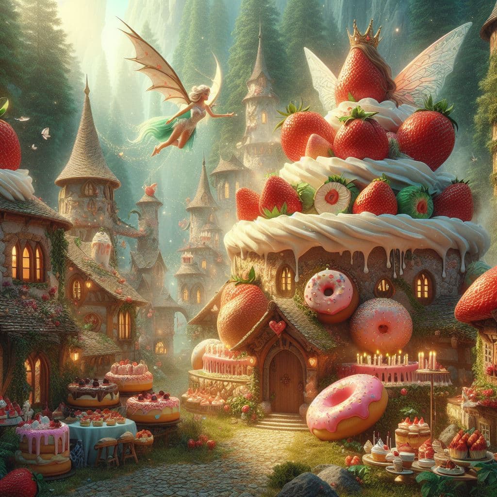 AI generated: fairy in fairytale village made from big strawberries with cream and donuts and birthday cakes, fair...