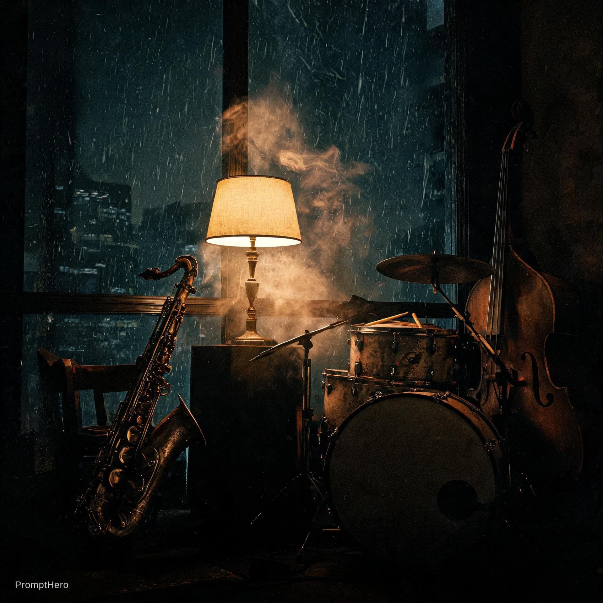 AI generated: A close-up, intimate photograph inside a dimly lit, rain-streaked cyberpunk high-rise. Instead of gl...