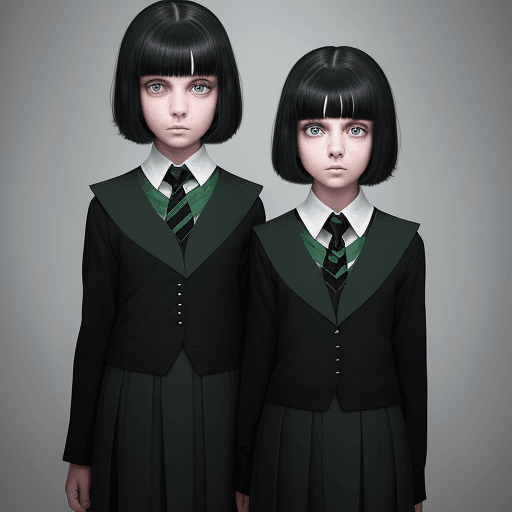 AI generated: two twin girls, 11 years old, shoulder-length short hair and half of the face is covered with bangs,...