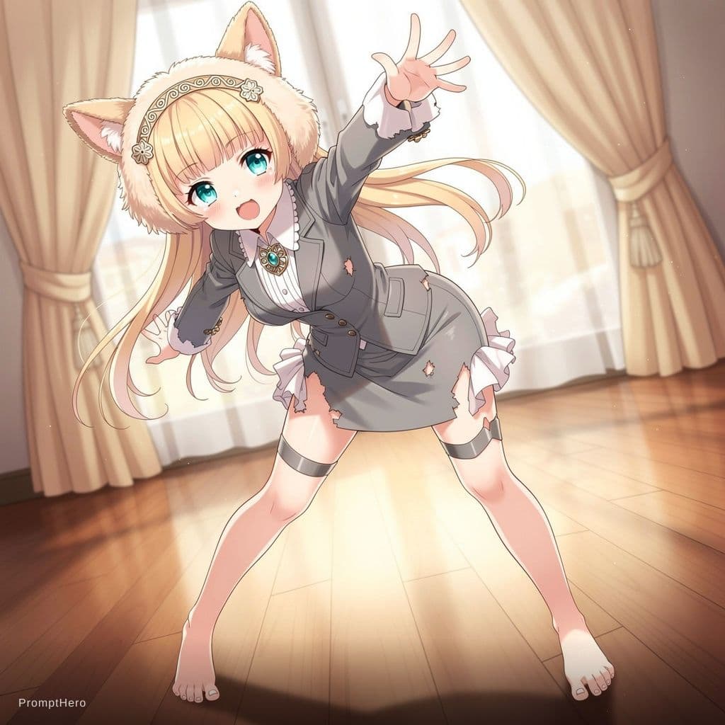 AI generated: 1girl, animal ear fluff, collar, animal collar:1.2, blonde hair, long hair, bangs, aqua eyes, petite...