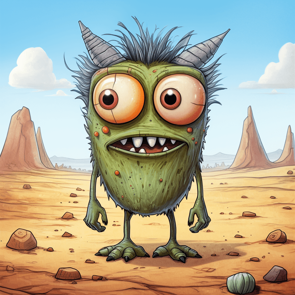 AI generated:  cartoon of a colorful creature, big eyes and big teeth, big ears, light bronze and green schema, ro...