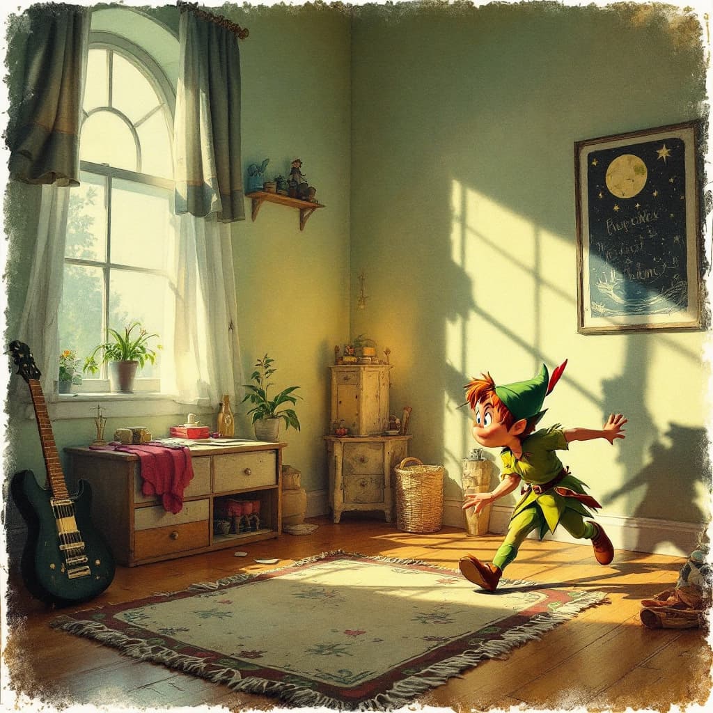 AI generated: peter pan chasing his shadow  in wendy's room.

