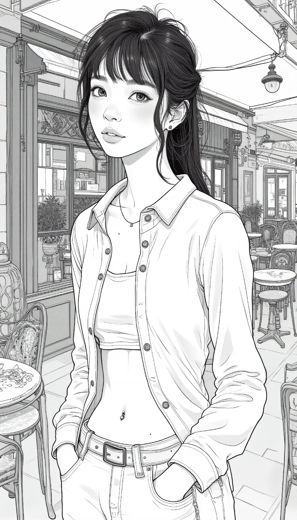 AI generated: pencil drawing of a 24-year-old Cherokee female chic fashion editor with a warm and inviting express...