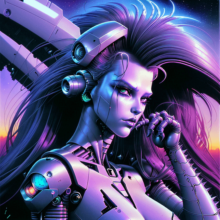 AI generated: a perfect Beautiful Amazing!! android female retrowave synthwave cyborg, space age, long retrowave m...