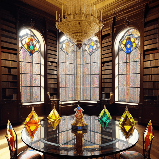AI generated: A multicolored crystal-clear prismatic glass dreidel, sitting on an opulent table, in a stately libr...