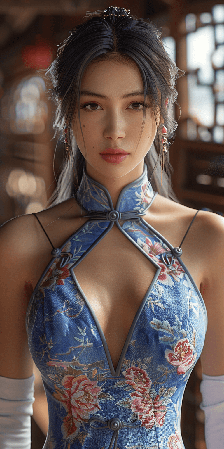 AI generated: Beautiful Chinese woman with long straight hair wearing white gloves and a blue-purple cheongsam aga...