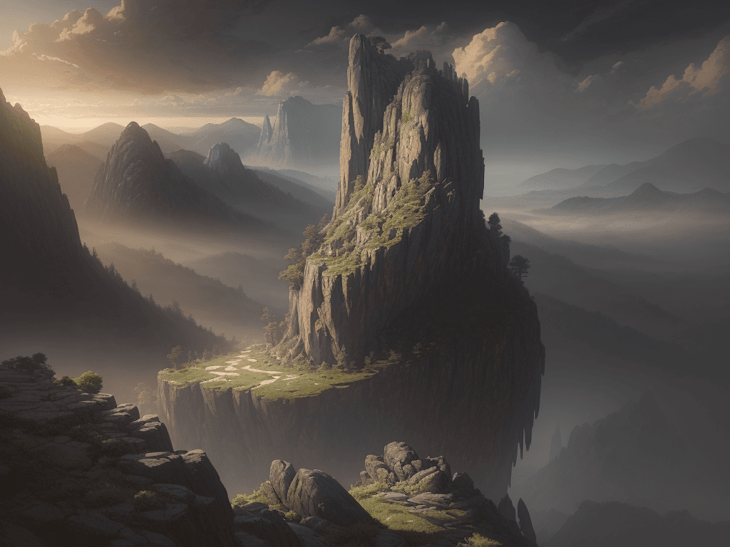 AI generated: view on top of a rocky hill overlooking a large valley, very detailed moody, matte painting, volumet...