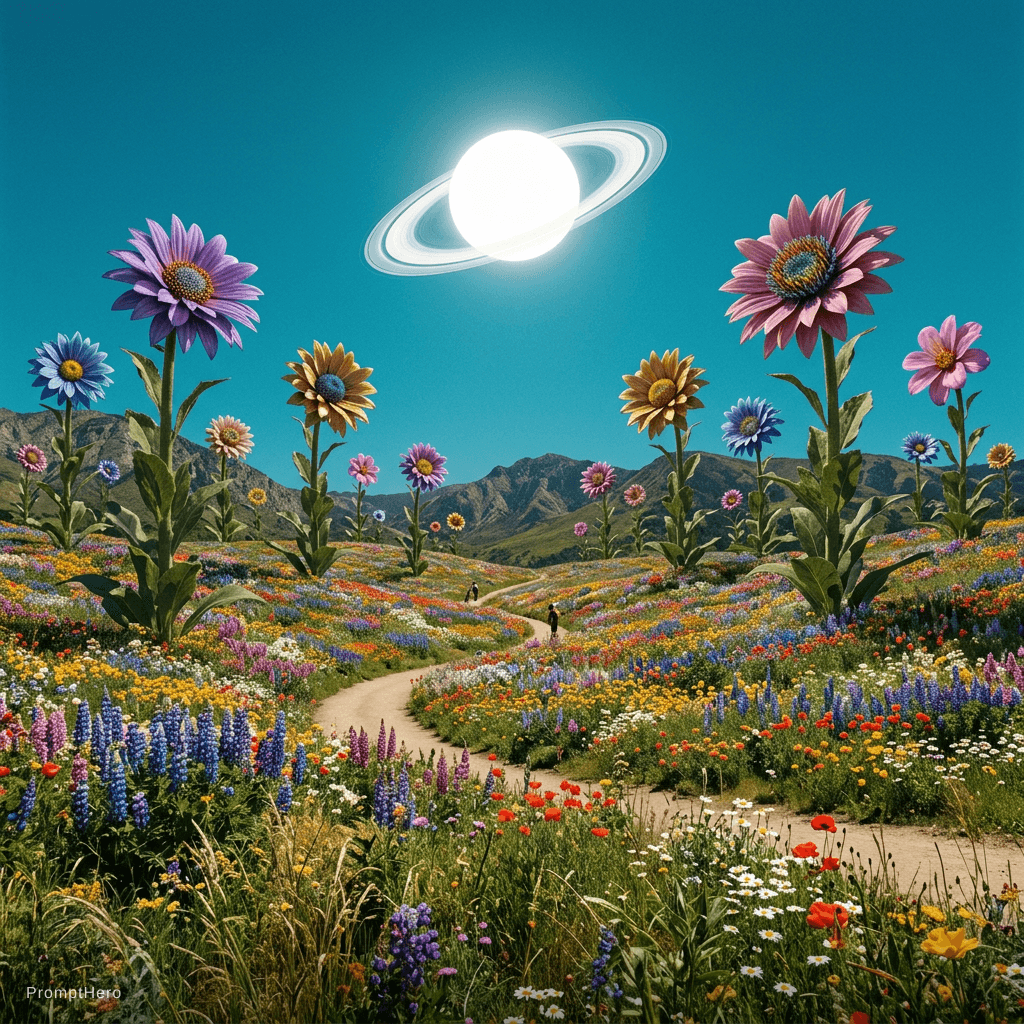 AI generated: a scenic landscape of a massive field of flowers some flowers are as tall as trees but the sky has a...