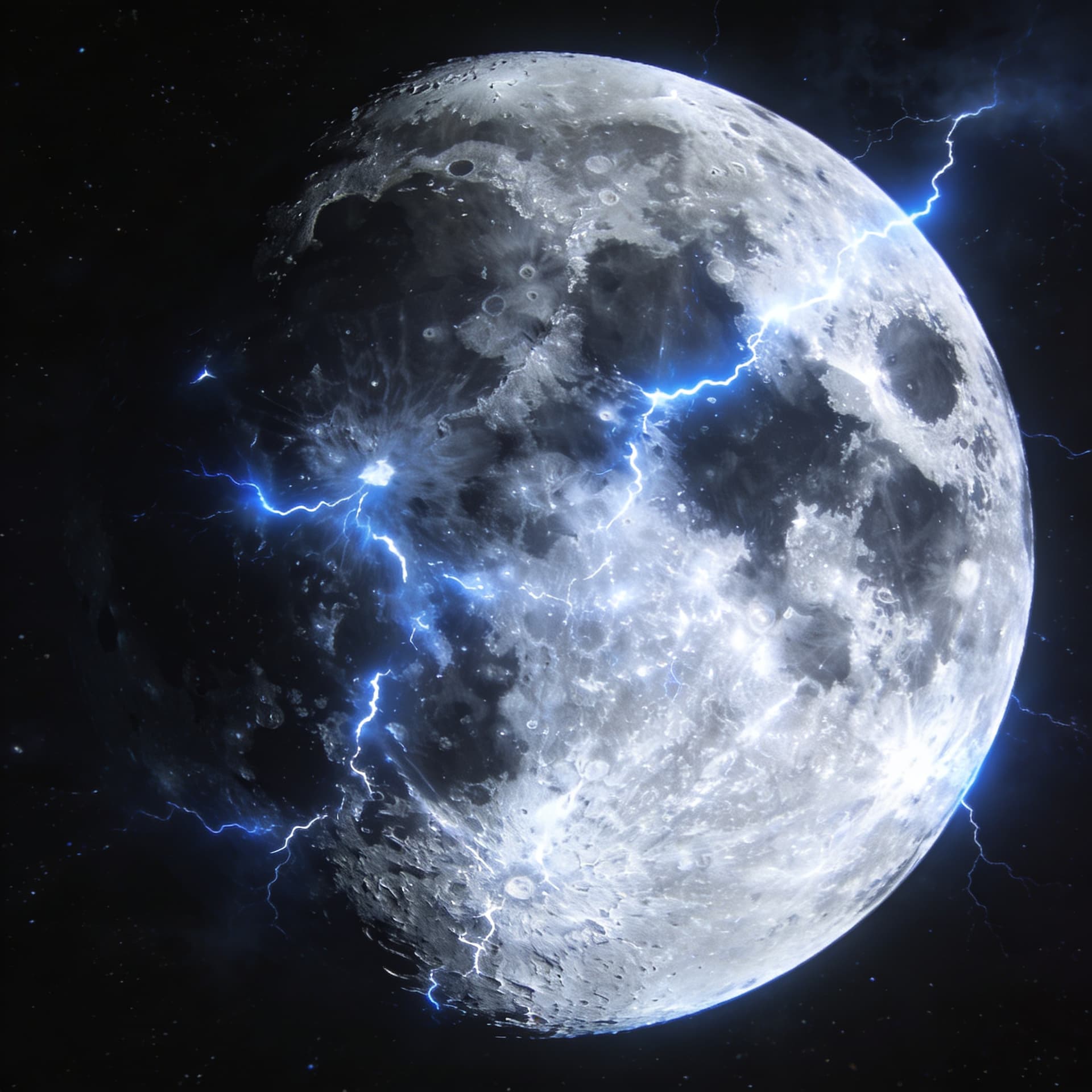 AI generated: a grey, White and black moon that has white lightning storms covering its surface with that likes li...