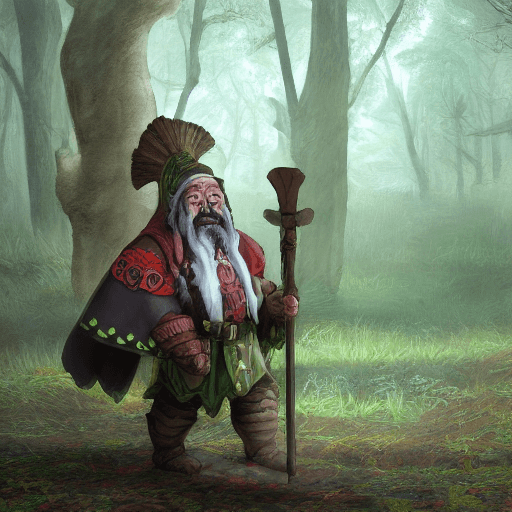 AI generated: photorealistic, full figure, smiling dwarf dressed as a necromancer with a staff in his hand, walks ...