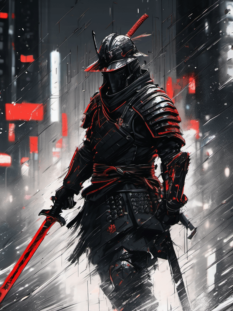 AI generated: epic digital wallpaper of a brutal cyborg samurai in black tech armor, alone, no face, intricate arm...