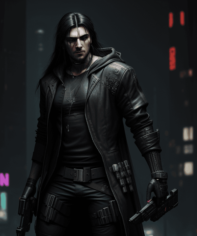 AI generated: Cyberpunk, robin hood, heavy pistol, stylish,  dark clothes, black long hair, male, kapiszon, high r...